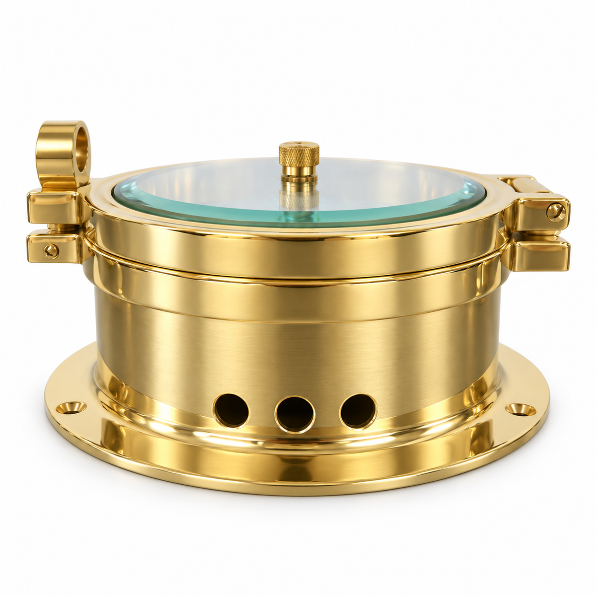 Plastimo 3 inch barometer 120 mm messing van de zijkant.