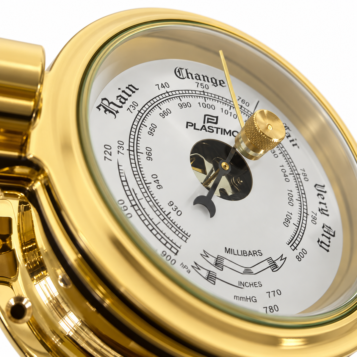 Plastimo 3 inch barometer messing close up.