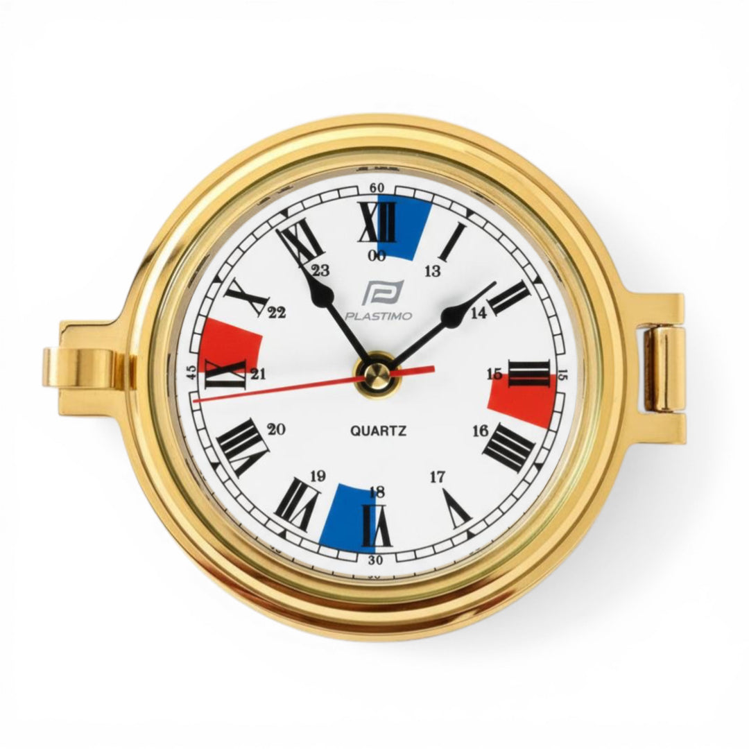 Plastimo 3 inch scheepsklok messing met radiostilte zones in blauw en rood  Arabische cijfers vooraanzicht