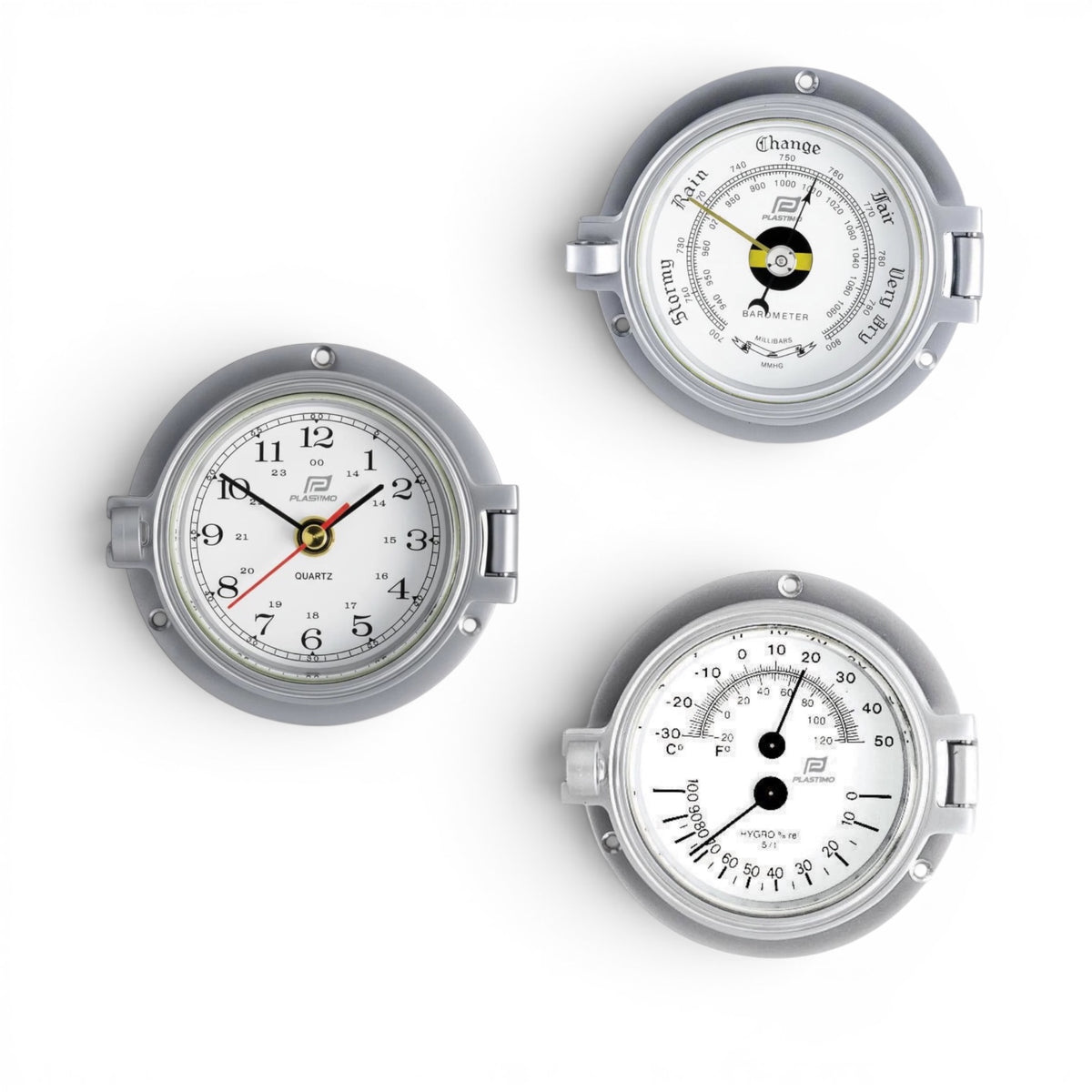 Plastimo mat chroom klokkenset  3 inch - klok, barometer, thermo-hygrometer 35887-35884-35885