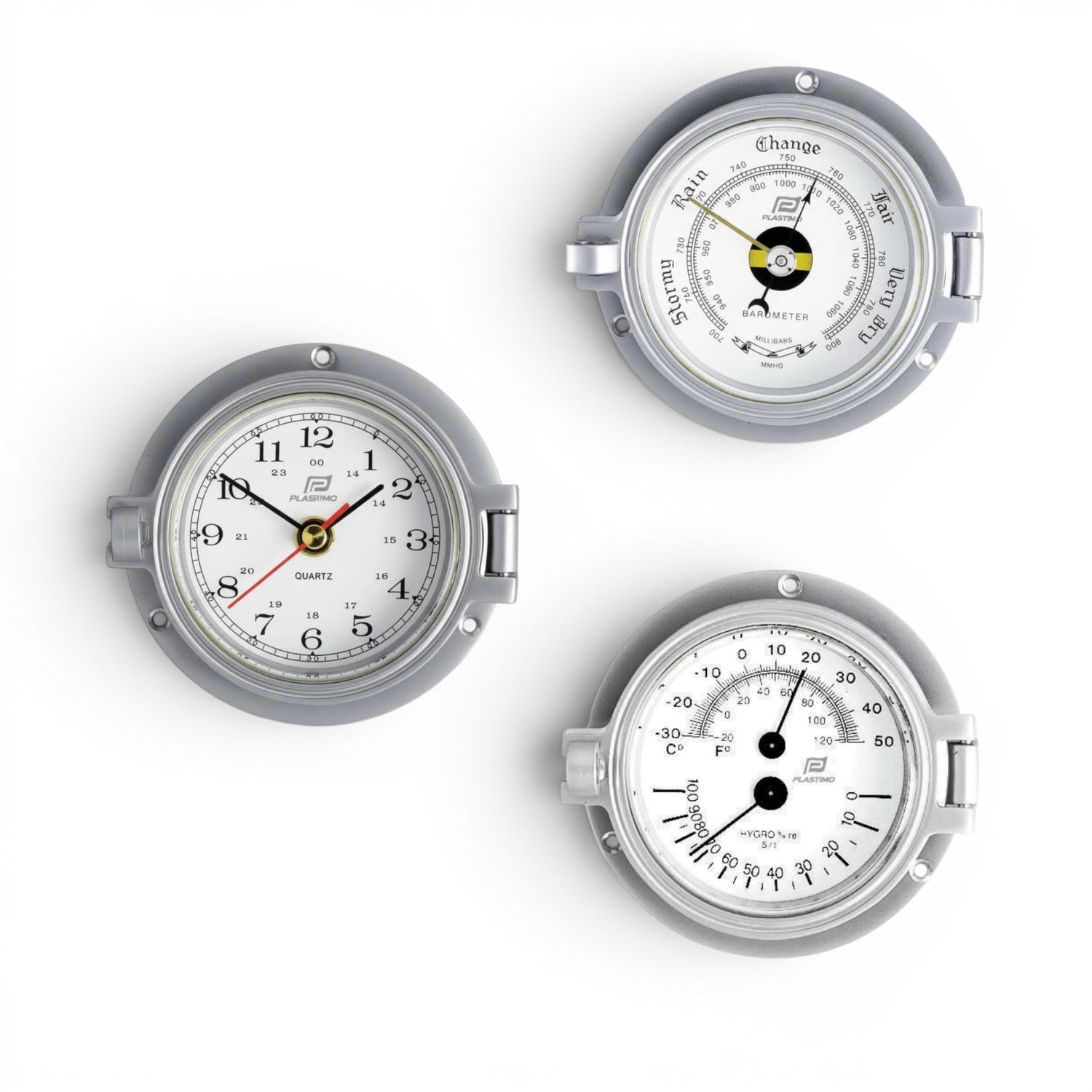 Plastimo mat chroom klokkenset  3 inch - klok, barometer, thermo-hygrometer 35887-35884-35885