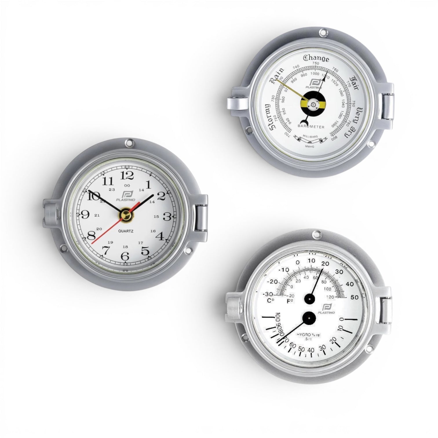 Plastimo mat chroom klokkenset  3 inch - klok, barometer, thermo-hygrometer 35887-35884-35885