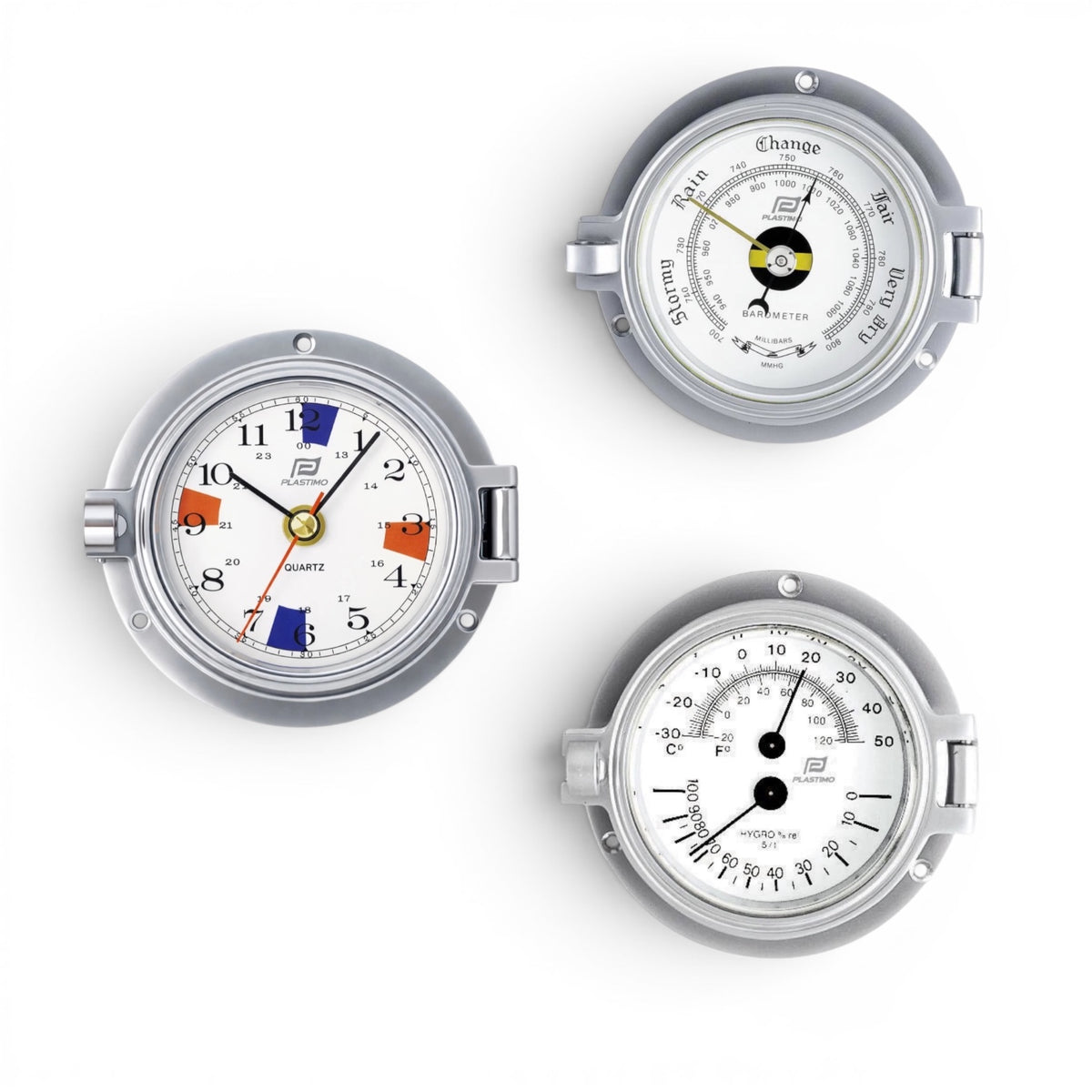 Plastimo mat chroom klokkenset  3 inch - klok met radiostilte zones, barometer, thermo-hygrometer 54779-35884-35885