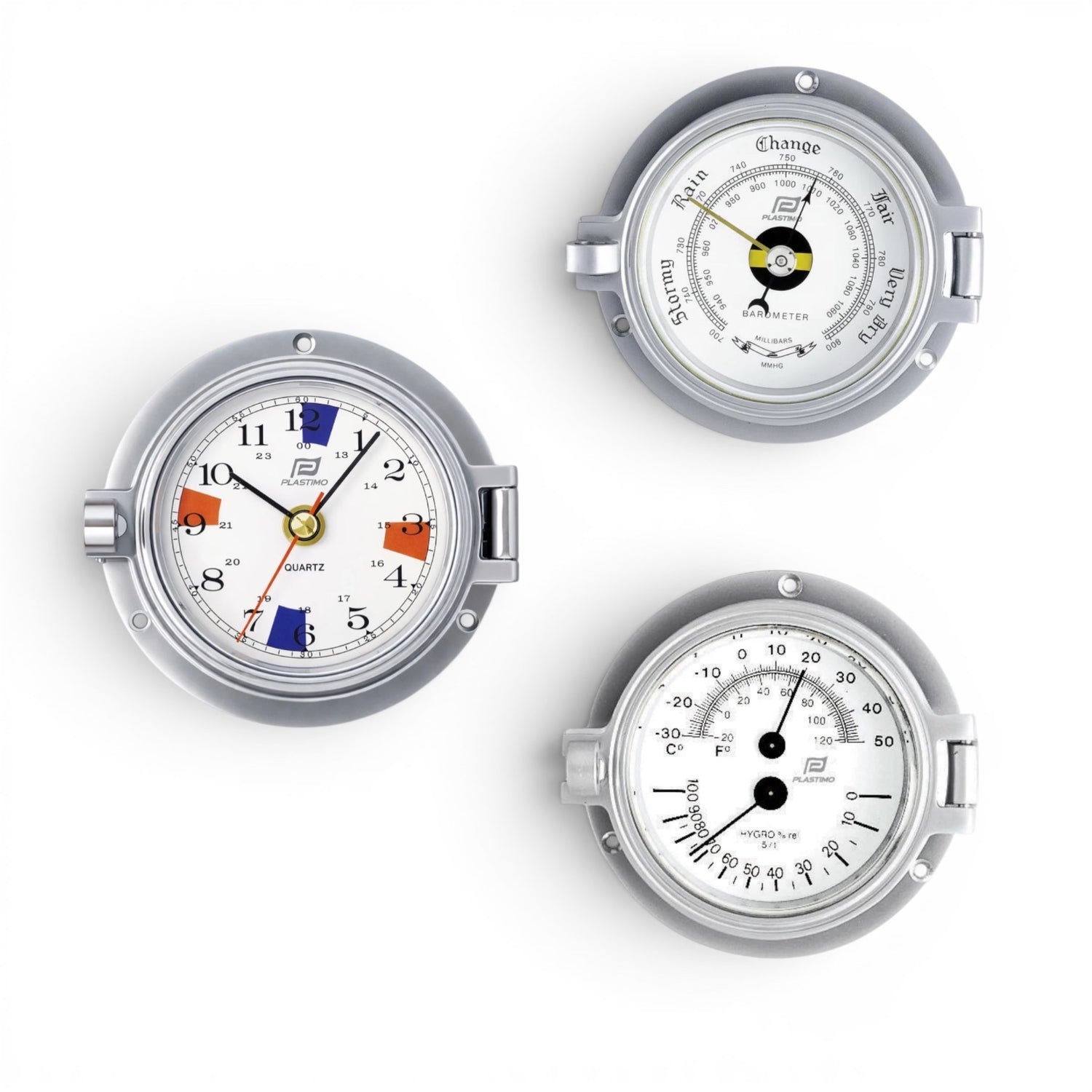 Plastimo mat chroom klokkenset  3 inch - klok met radiostilte zones, barometer, thermo-hygrometer 54779-35884-35885