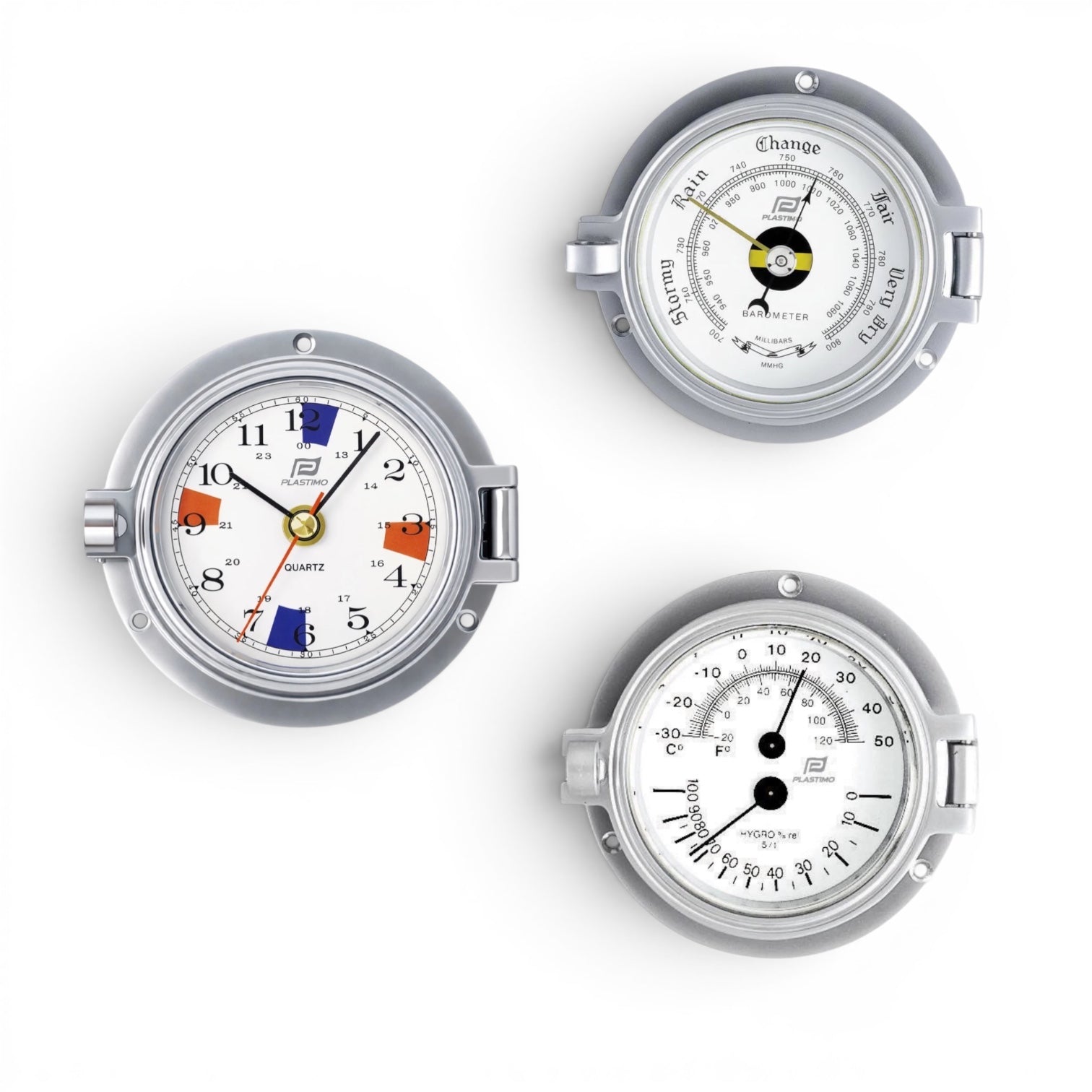 Plastimo mat chroom klokkenset  3 inch - klok met radiostilte zones, barometer, thermo-hygrometer 54779-35884-35885