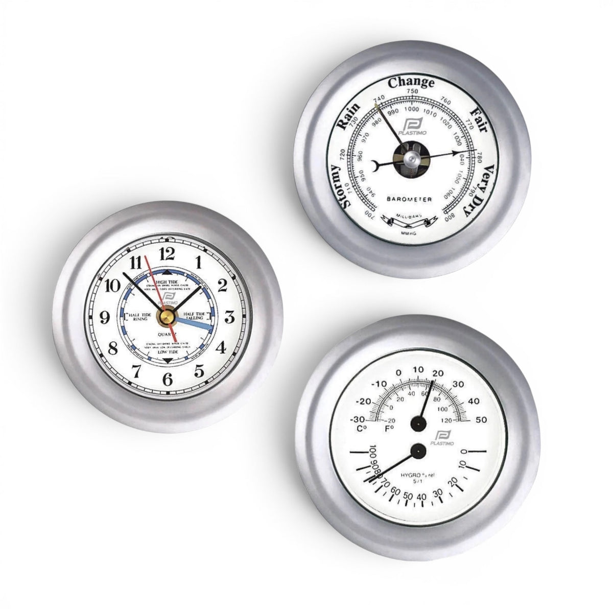 Plastimo mat chroom klokkenset  4 inch - getijdenklok, barometer, thermo-hygrometer 38209-38207-38208