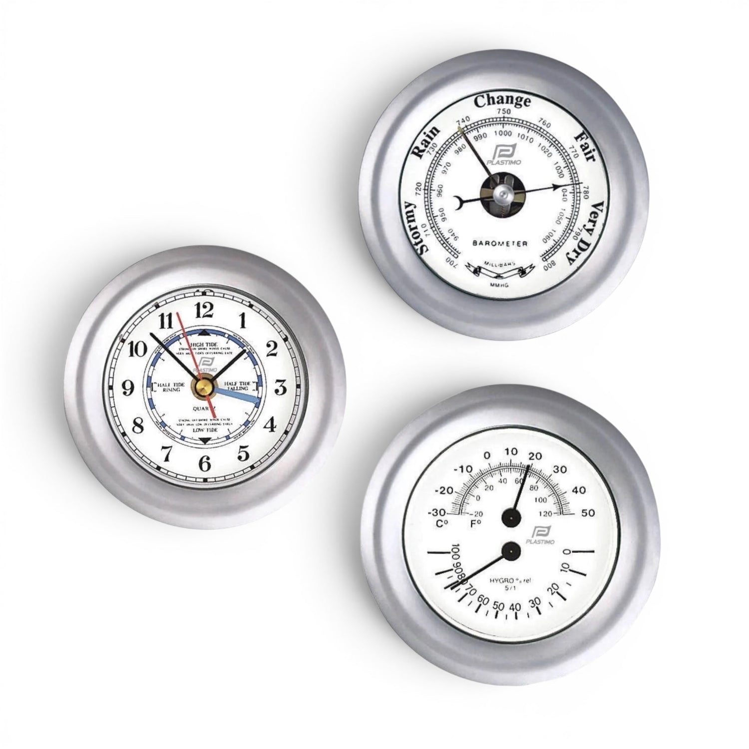 Plastimo mat chroom klokkenset  4 inch - getijdenklok, barometer, thermo-hygrometer 38209-38207-38208