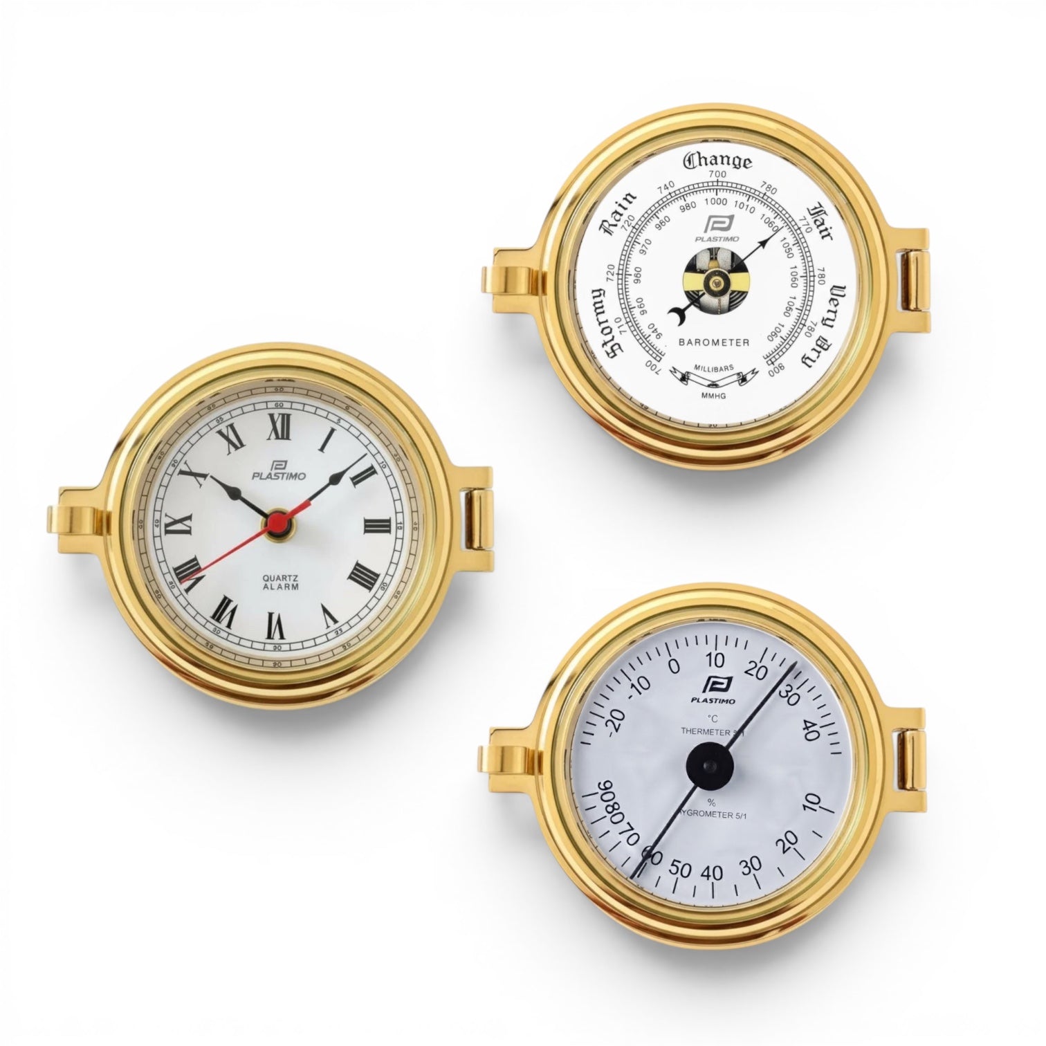 Plastimo messing klokkenset  3 inch - klok met alarm, barometer, thermo-hygrometer