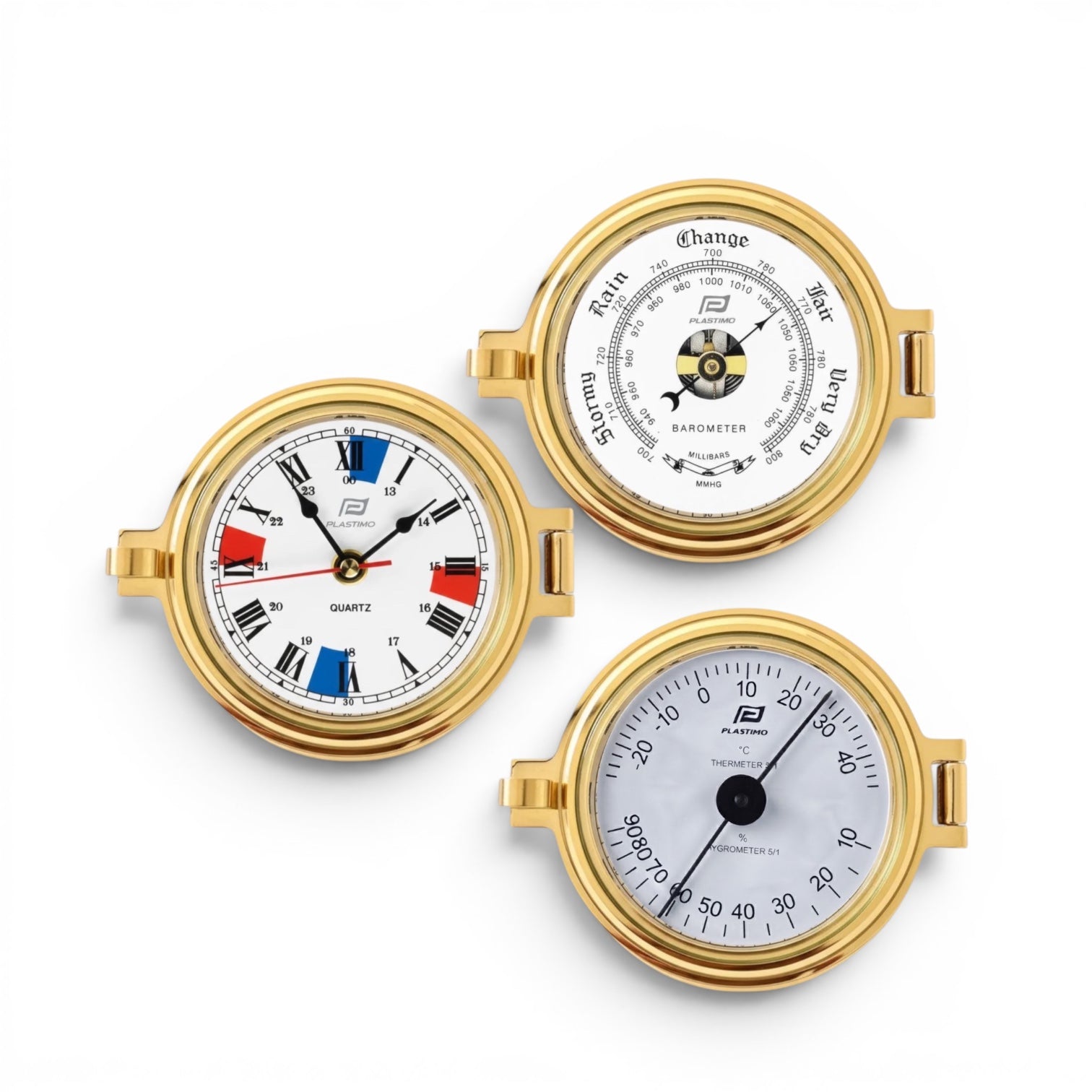 Plastimo messing klokkenset  3 inch - klok met radio-stiltes, barometer, thermo-hygrometer 12767-12768-18683