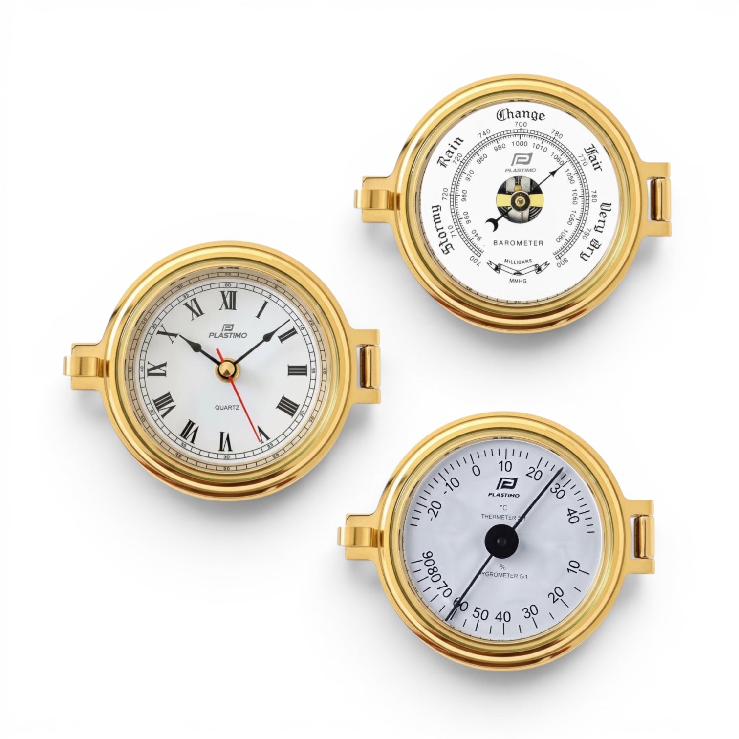Plastimo messing klokkenset  3 inch - klok met romeinse cijfers, barometer, thermo-hygrometer 12765-12767-18683