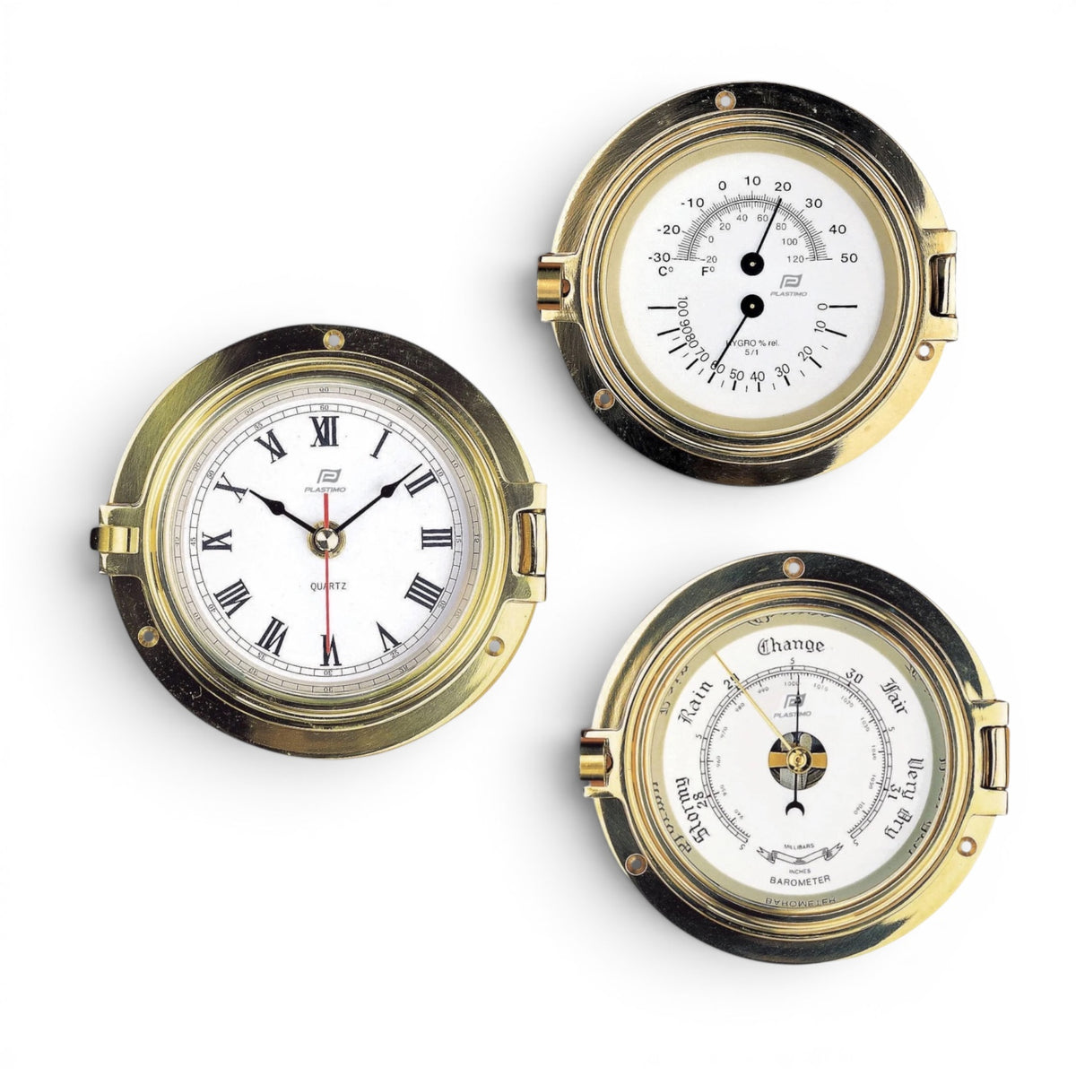 Plastimo messing klokkenset 4,5 inch - getijdenklok, barometer, thermo-hygrometer 31229-31230-31231