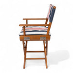 Regisseursstoel_I_deluxe_-_geolied_teak_met_navy-wit-rood_gestreept_kussen_zijaanzicht