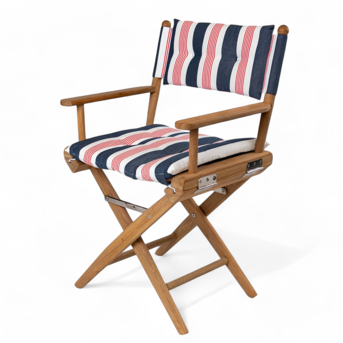Regisseursstoel_I_deluxe_-_ongeolied_teak_met_navy-wit-rood_gestreept_kussen