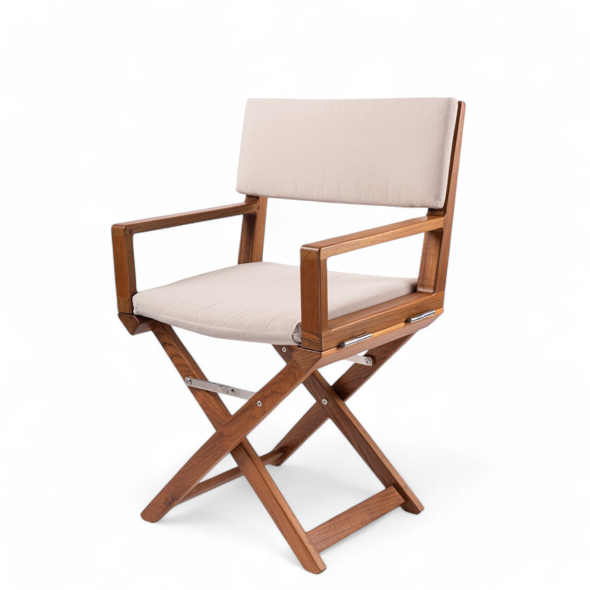Regisseursstoel the Edge - geolied teak, luxe, inklapbaar, met comfortabele forza zand kussens zij aanzicht 