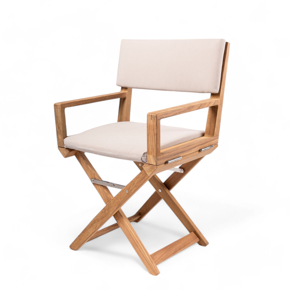 Regisseursstoel the Edge - ongeolied teak, luxe, inklapbaar, met comfortabele forza zand kussens zij aanzicht 