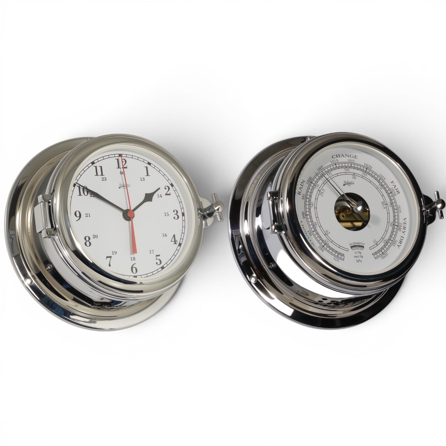 Schatz Midi 2-delige klokkenset in chroom bestaande uit een Quartz scheepsklok met een arabische wijzerplaat, en een high sensitive barometer