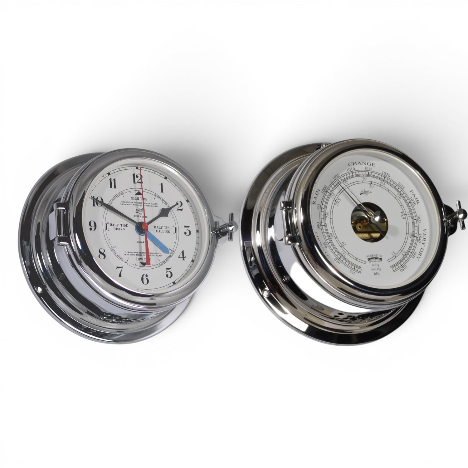 Schatz Midi 2-delige klokkenset in chroom bestaande uit een Quartz scheepsklok met getijden en een arabische wijzerplaat, en een high sensitive barometer
