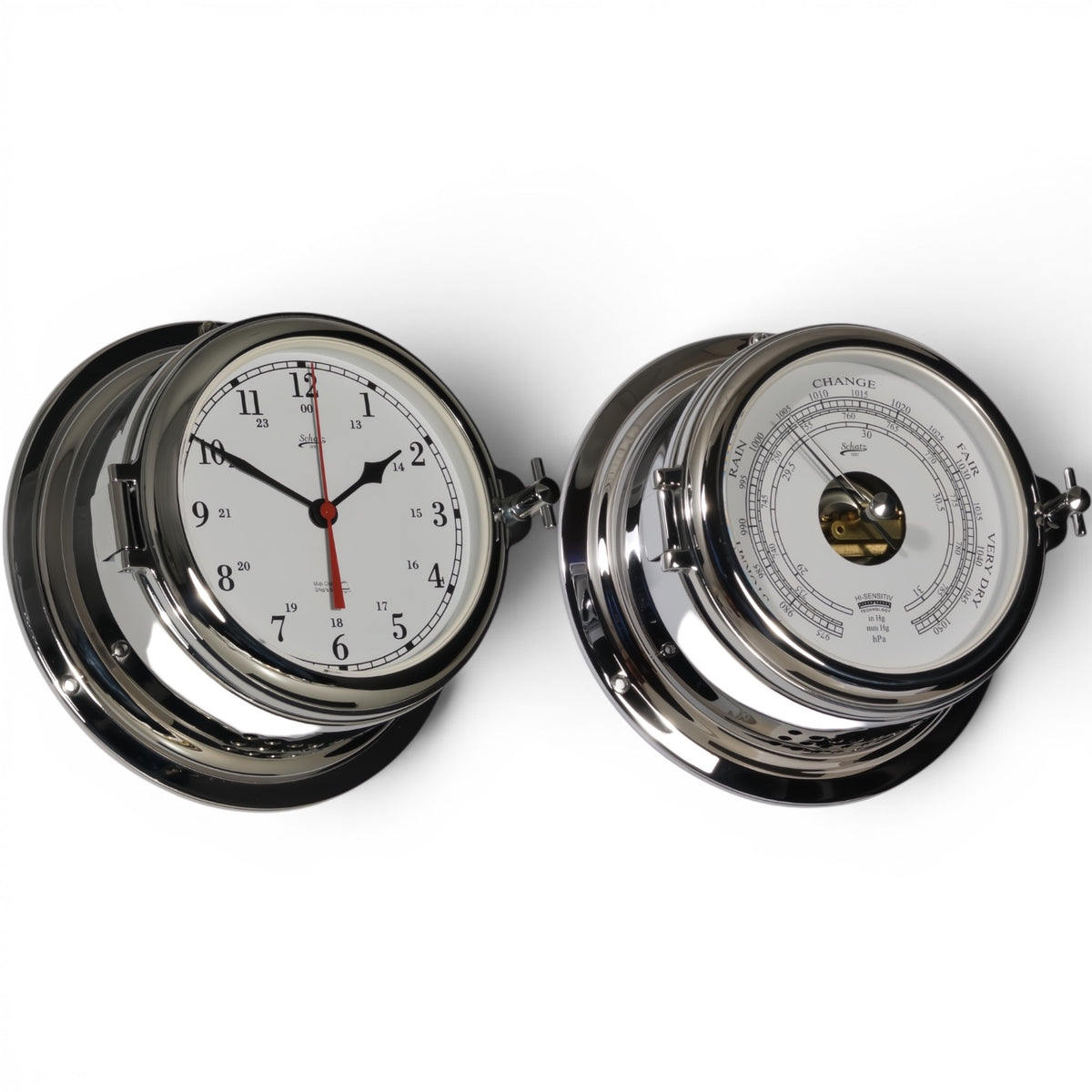 Schatz Midi 2-delige klokkenset in chroom bestaande uit een Quartz scheepsklok met scheepsbel met een Arabische wijzerplaat, en een high sensitive barometer