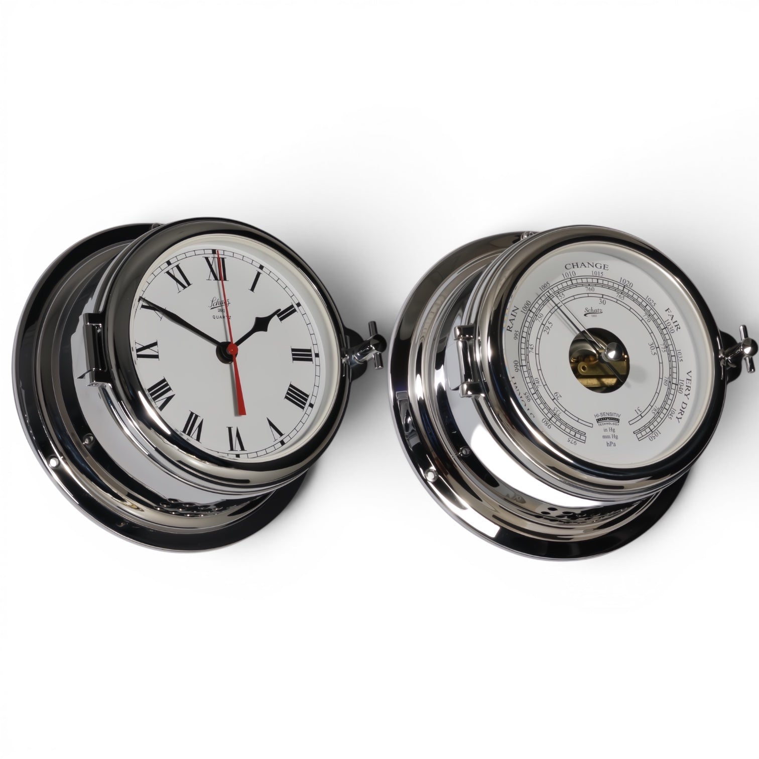 Schatz Midi 2-delige klokkenset in chroom bestaande uit een Quartz scheepsklok met een romeinse wijzerplaat, en een high sensitive barometer