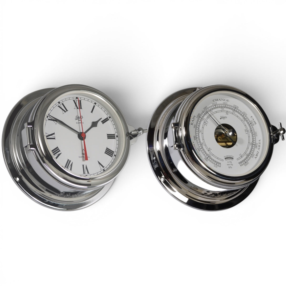 Schatz Midi 2-delige klokkenset in chroom bestaande uit een Quartz scheepsklok met een scheepsbel en een romeinse wijzerplaat, en een high sensitive barometer