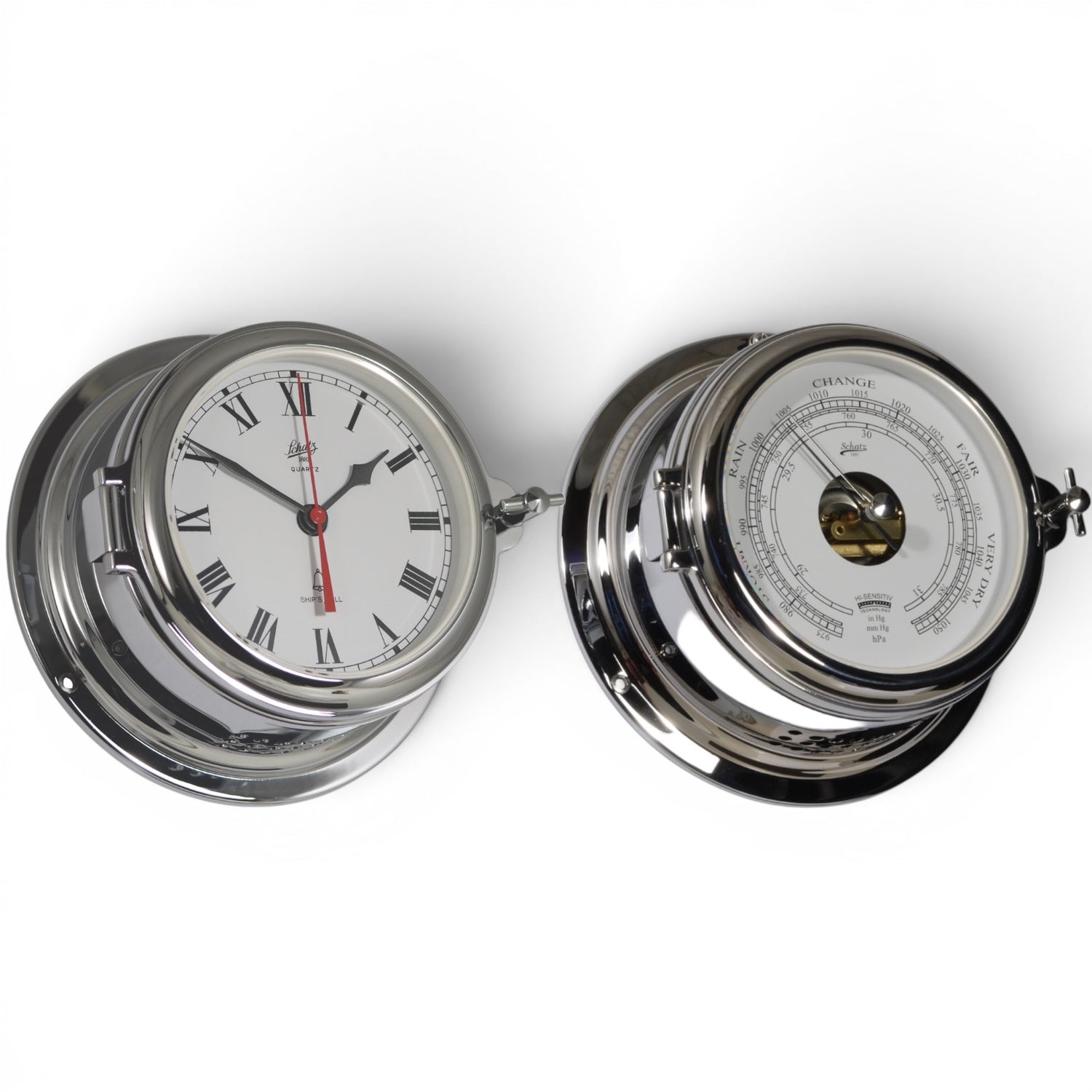 Schatz Midi 2-delige klokkenset in chroom bestaande uit een Quartz scheepsklok met een scheepsbel en een romeinse wijzerplaat, en een high sensitive barometer