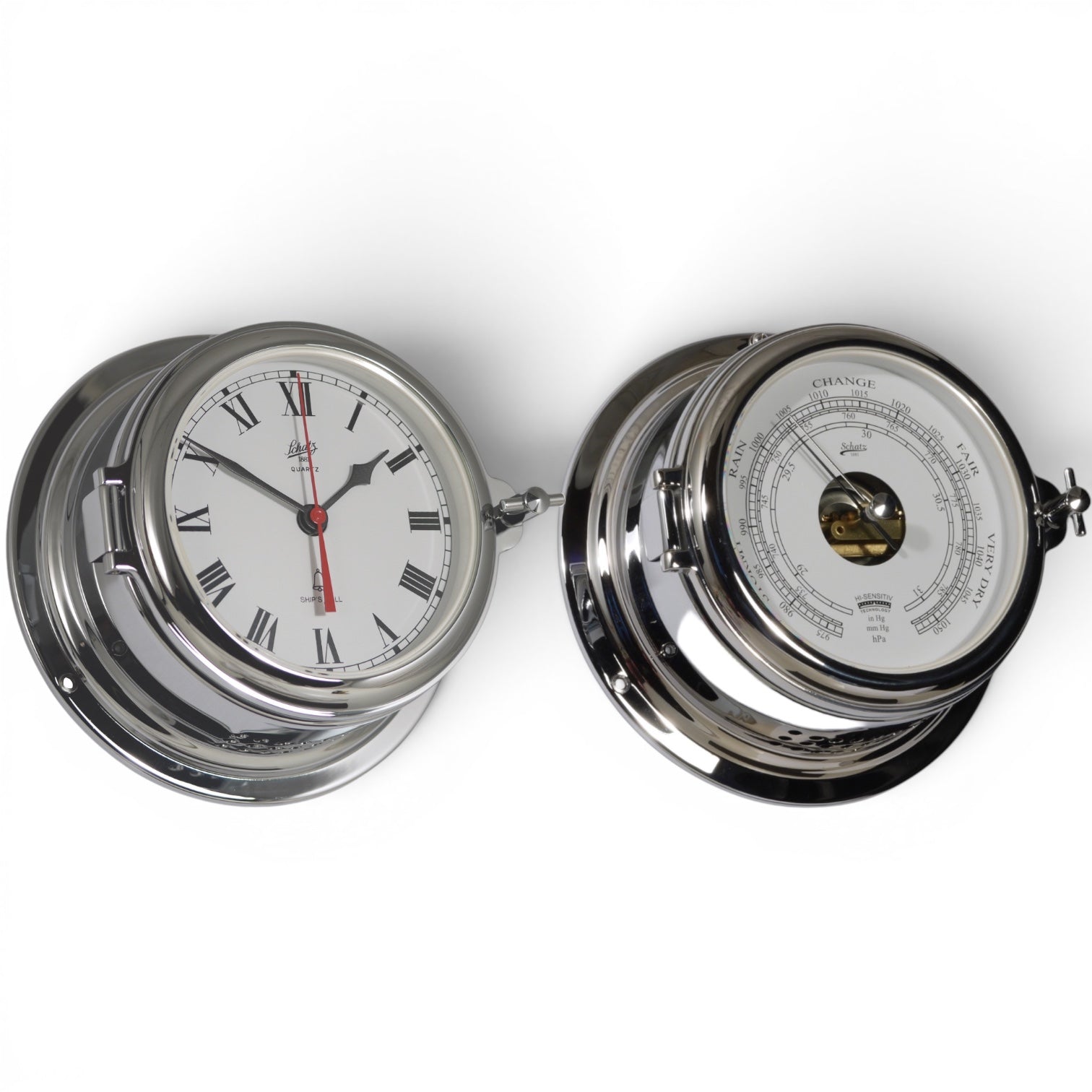 Schatz Midi 2-delige klokkenset in chroom bestaande uit een Quartz scheepsklok met een scheepsbel en een romeinse wijzerplaat, en een high sensitive barometer