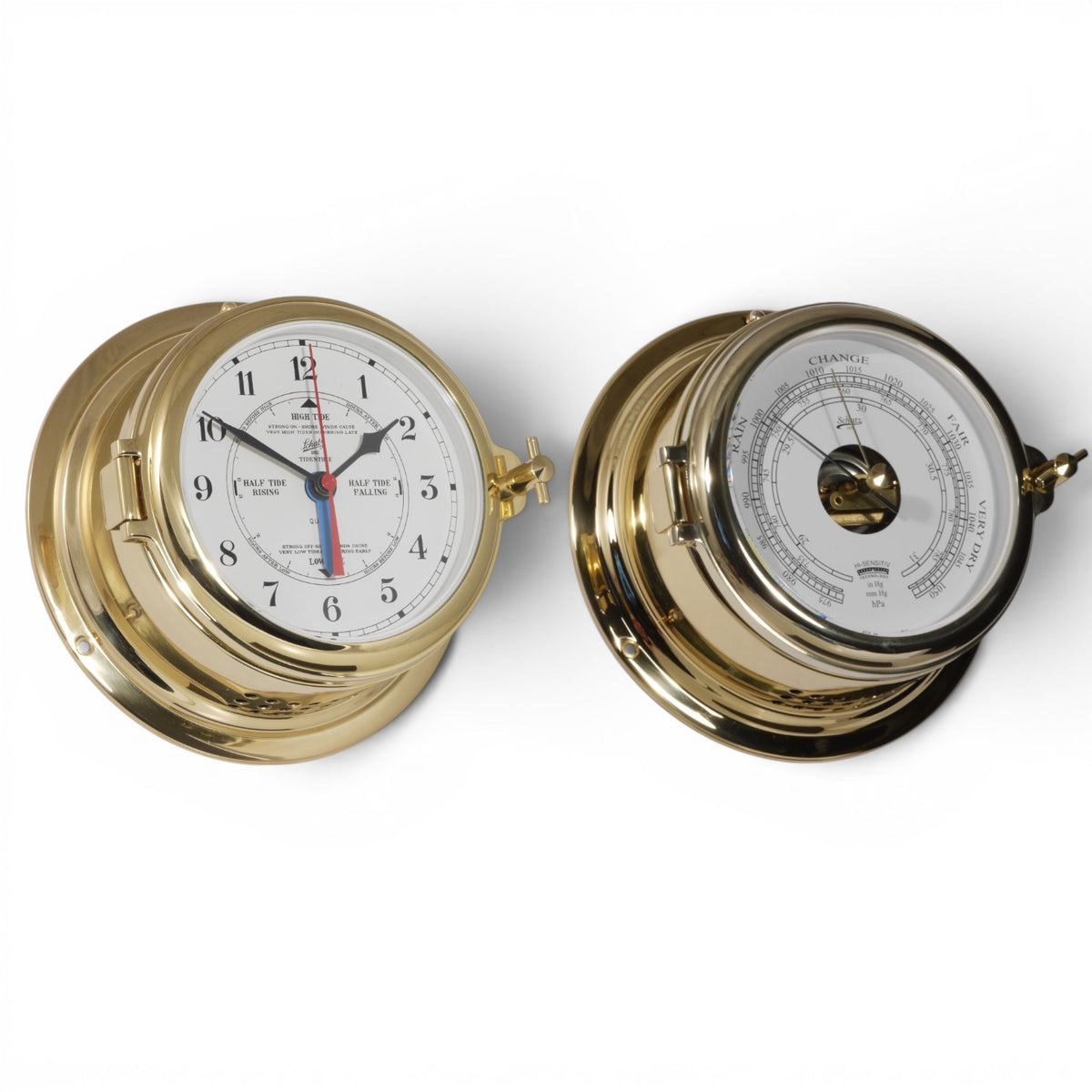 Schatz Midi 2-delige klokkenset in messing bestaande uit een Quartz scheepsklok met getijden en een arabische wijzerplaat, en een high sensitive barometer