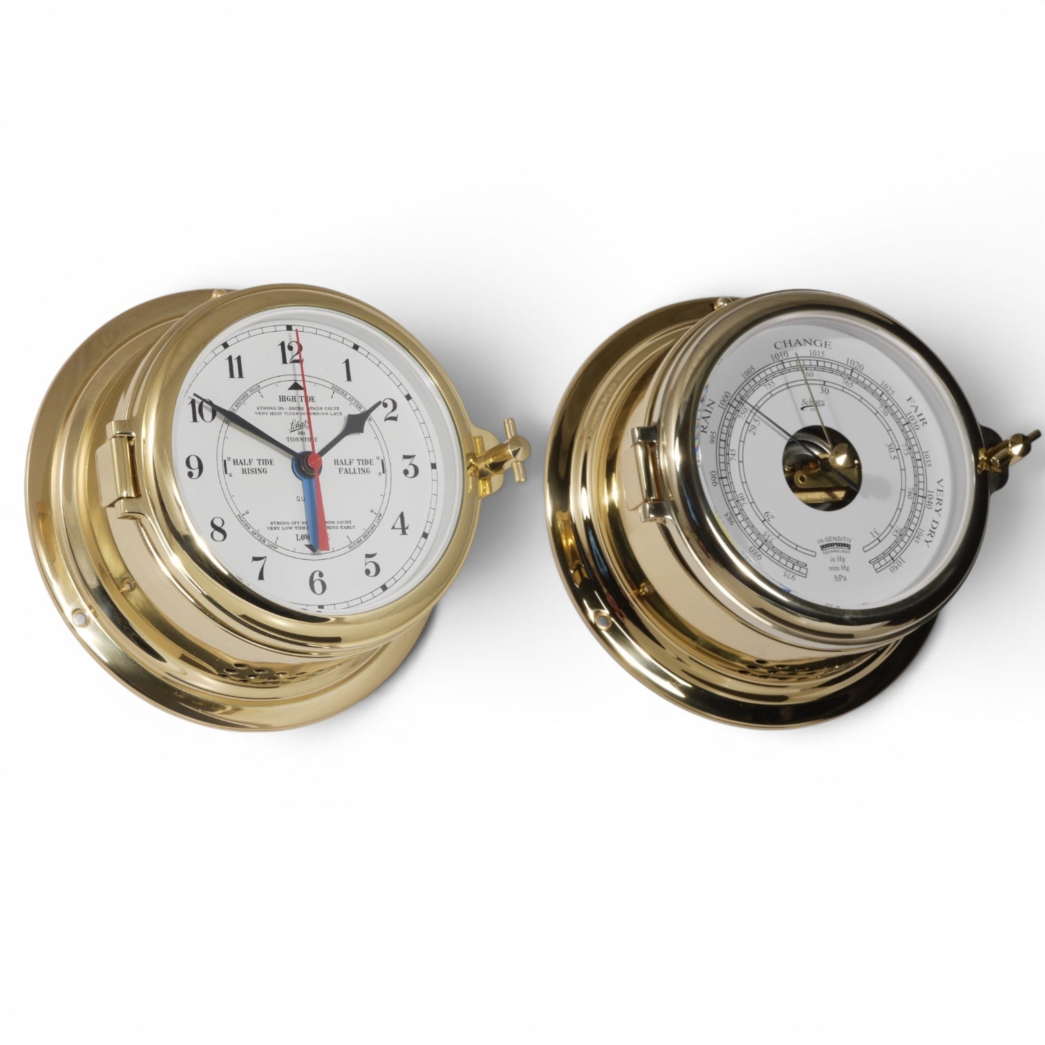 Schatz Midi 2-delige klokkenset in messing bestaande uit een Quartz scheepsklok met getijden en een arabische wijzerplaat, en een high sensitive barometer