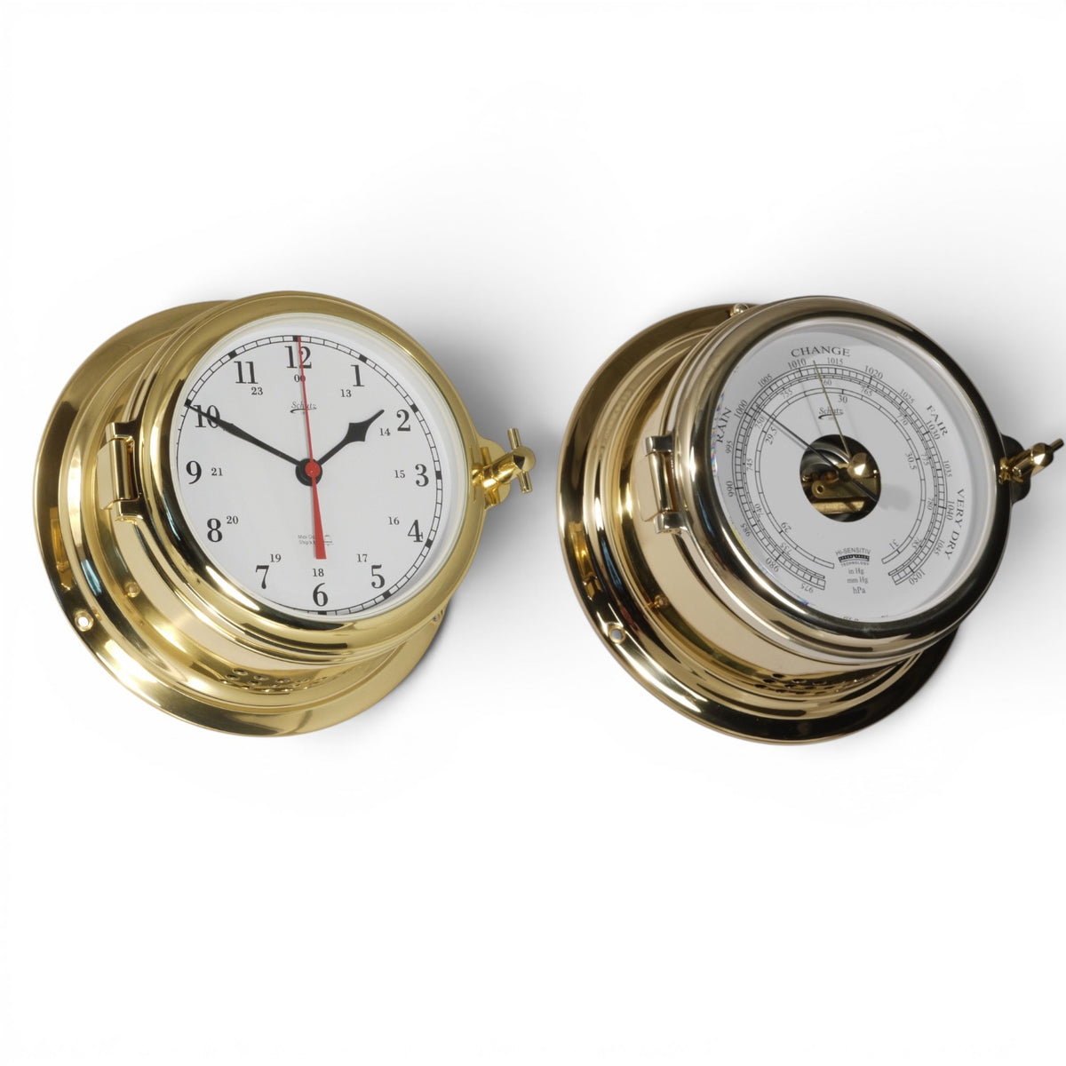 Schatz Midi 2-delige klokkenset in messing bestaande uit een Quartz scheepsklok met scheepsbel met een arabische wijzerplaat, en een high sensitive barometer