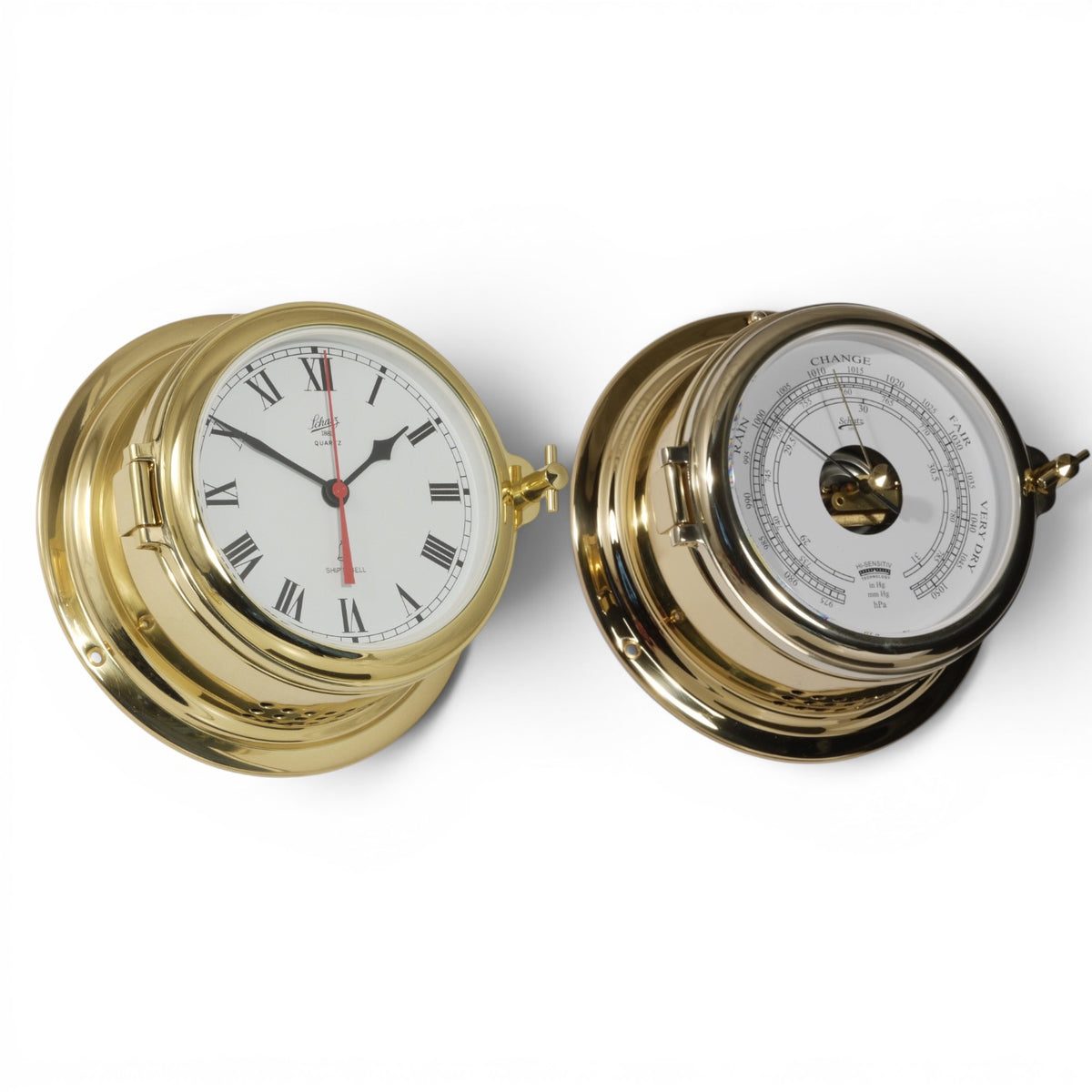 Schatz Midi 2-delige klokkenset in messing bestaande uit een Quartz scheepsklok met scheepsbel en een romeinse wijzerplaat, en een high sensitive barometer