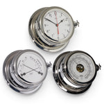 Schatz Midi 3-delige klokkenset in chroom bestaande uit een Quartz scheepsklok met een Arabische wijzerplaat, een high sensitive barometer en een comfortmeter.