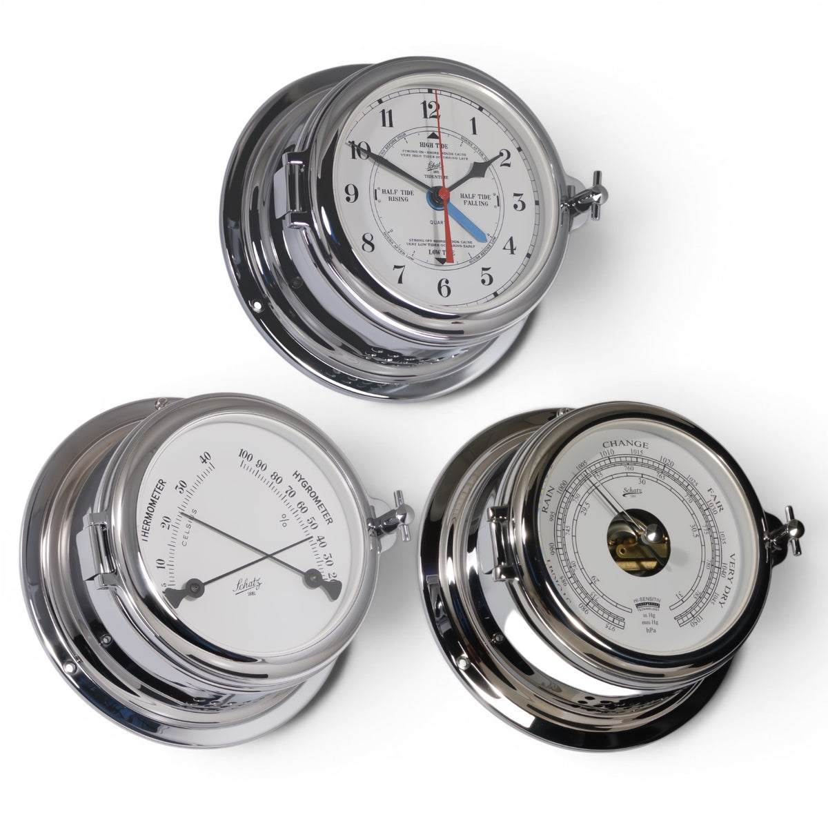 Schatz Midi 3-delige klokkenset in chroom bestaande uit een Quartz scheepsklok met getijden en arabische wijzerplaat, een high sensitive barometer en een comfortmeter.