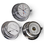Schatz Midi 3-delige klokkenset in chroom bestaande uit een Quartz scheepsklok met getijden en arabische wijzerplaat, een high sensitive barometer en een comfortmeter.