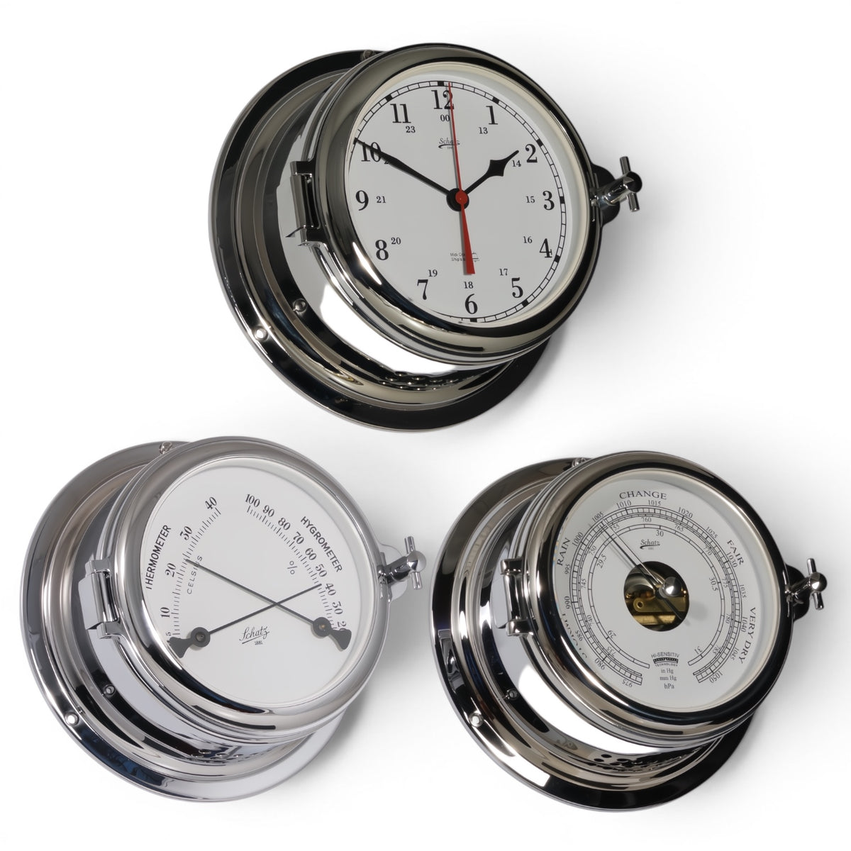 Schatz Midi 3-delige klokkenset in chroom bestaande uit een Quartz scheepsklok met scheepsbel en Arabische wijzerplaat, een high sensitive barometer en een comfortmeter.