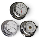 Schatz Midi 3-delige klokkenset in chroom bestaande uit een Quartz scheepsklok met scheepsbel en Arabische wijzerplaat, een high sensitive barometer en een comfortmeter.