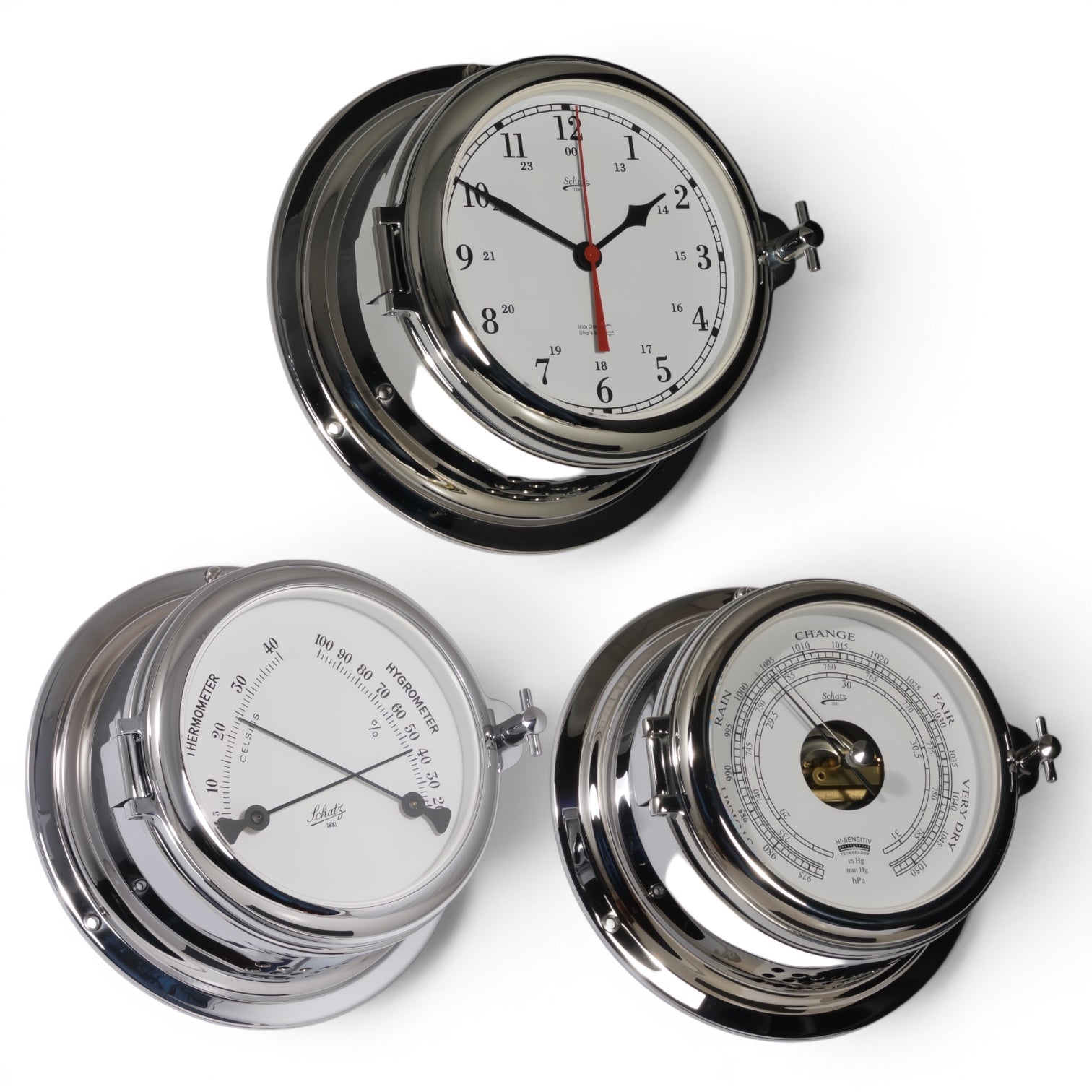 Schatz Midi 3-delige klokkenset in chroom bestaande uit een Quartz scheepsklok met scheepsbel en Arabische wijzerplaat, een high sensitive barometer en een comfortmeter.