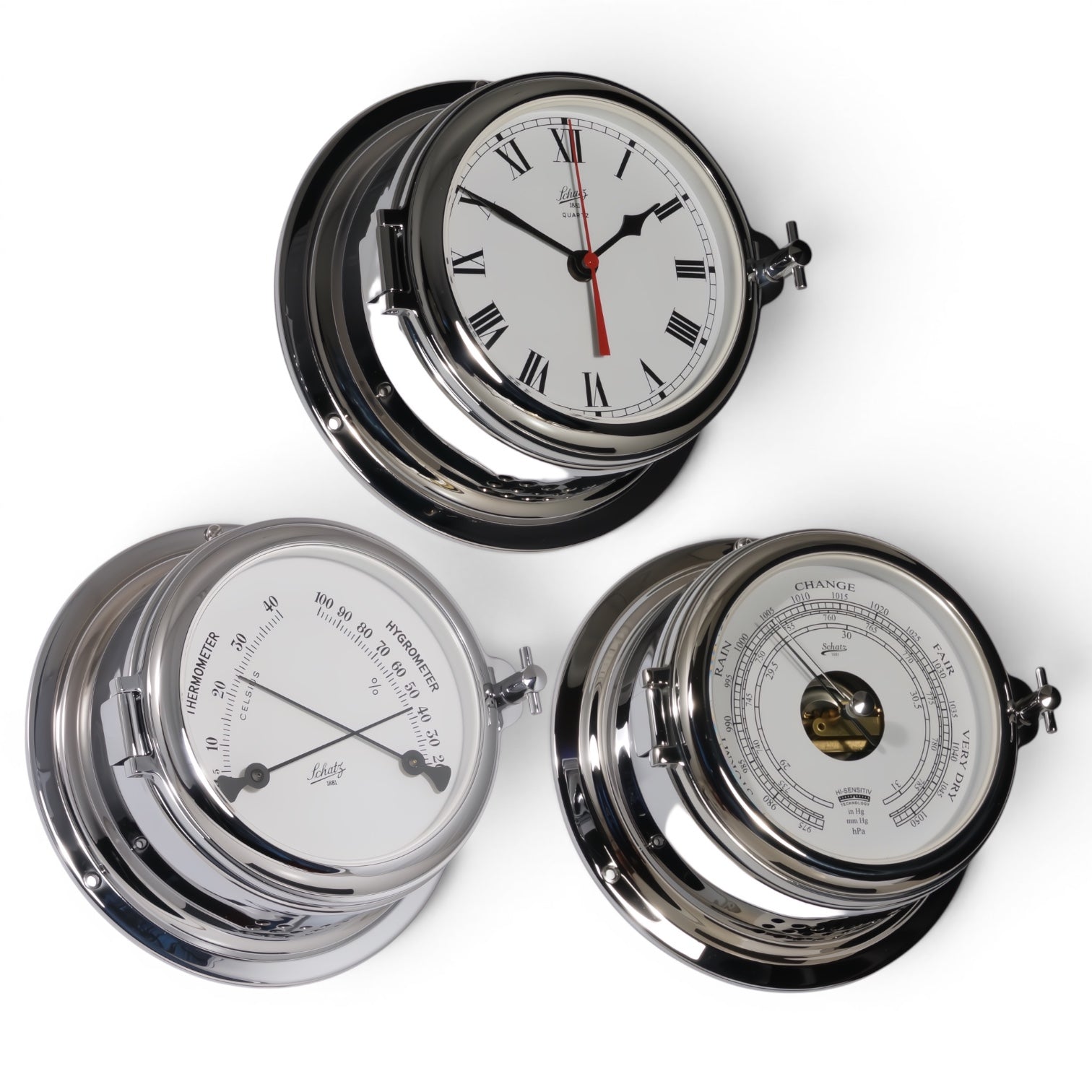 Schatz Midi 3-delige klokkenset in chroom bestaande uit een Quartz scheepsklok met een  Romeinse wijzerplaat, een high sensitive barometer en een comfortmeter.