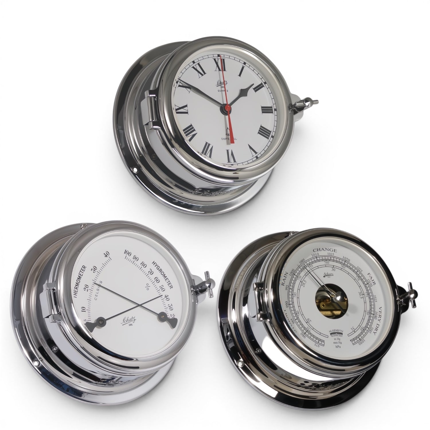 Schatz Midi 3-delige klokkenset in chroom bestaande uit een Quartz scheepsklok met scheepsbel en Romeinse wijzerplaat, een high sensitive barometer en een comfortmeter.