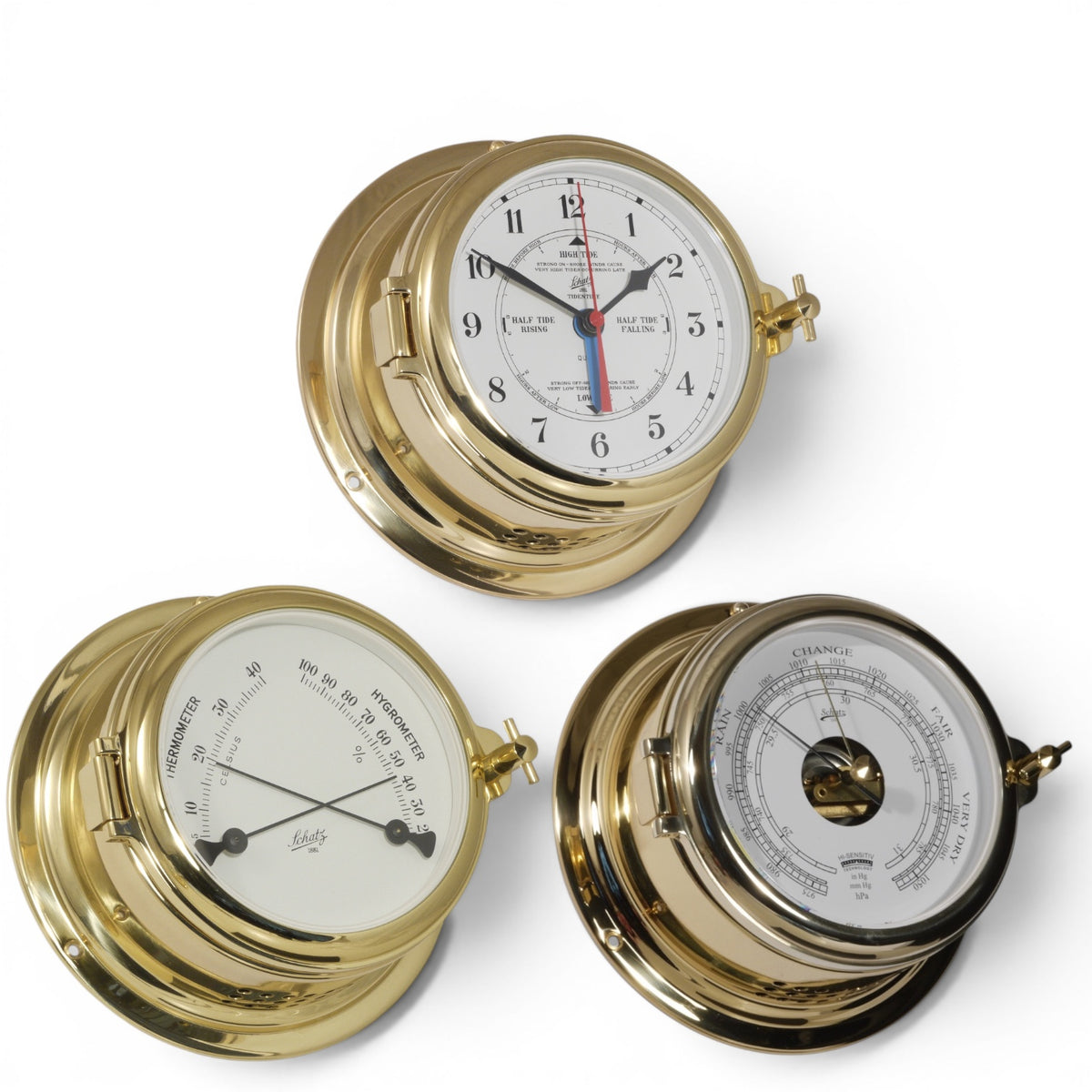Schatz Midi 3-delige klokkenset in messing bestaande uit een Quartz scheepsklok met sgetijden en Arabische wijzerplaat, een high sensitive barometer en een comfortmeter.