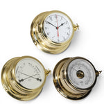 Schatz Midi 3-delige klokkenset in messing bestaande uit een Quartz scheepsklok met een arabische wijzerplaat, een high sensitive barometer en een comfortmeter.