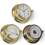 Schatz Midi 3-delige klokkenset in messing bestaande uit een Quartz scheepsklok met scheepsbel en Romeinse wijzerplaat, een high sensitive barometer en een comfortmeter.