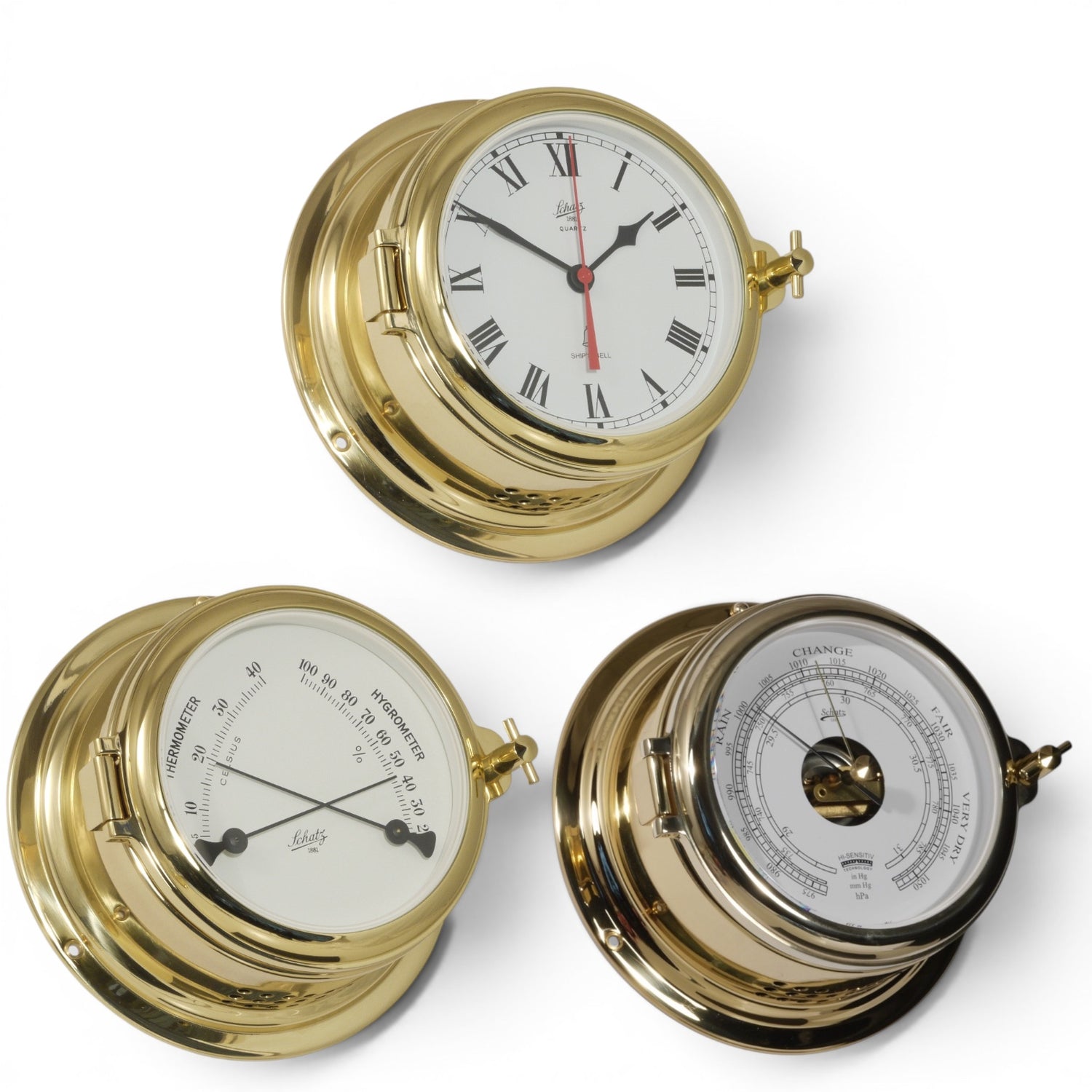 Schatz Midi 3-delige klokkenset in messing bestaande uit een Quartz scheepsklok met scheepsbel en Romeinse wijzerplaat, een high sensitive barometer en een comfortmeter.