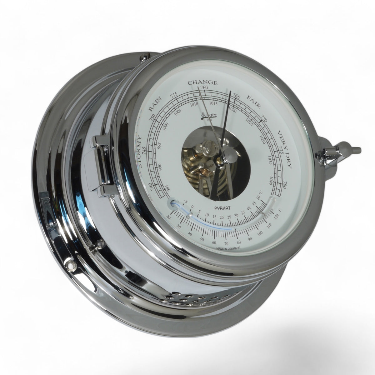 Schatz Midi barometer 155 mm - witte wijzerplaat met thermometer, chroom zwarte cijfers 453BT