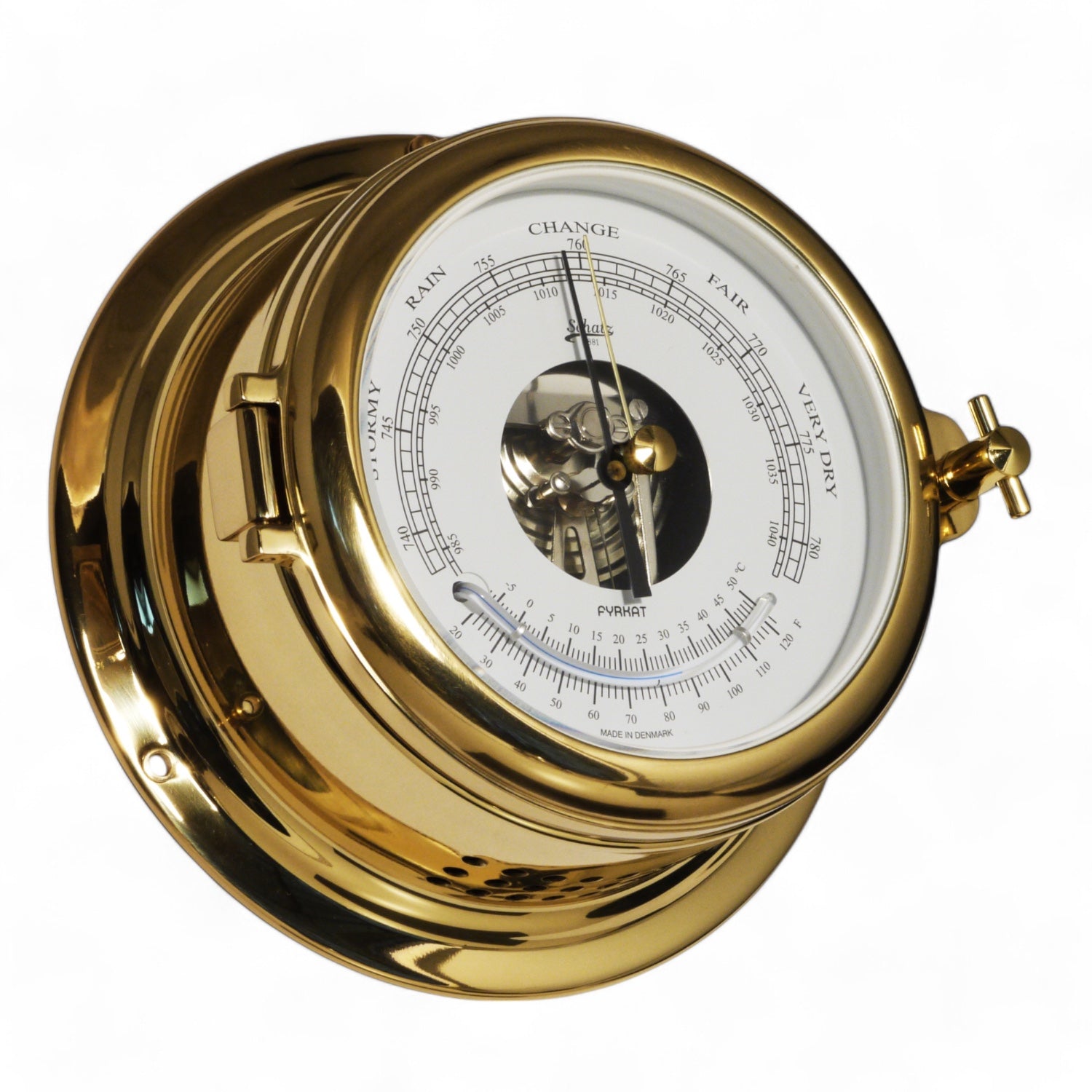 Schatz Midi barometer 155 mm met thermometer - witte wijzerplaat, messing zwarte cijfers 450BT