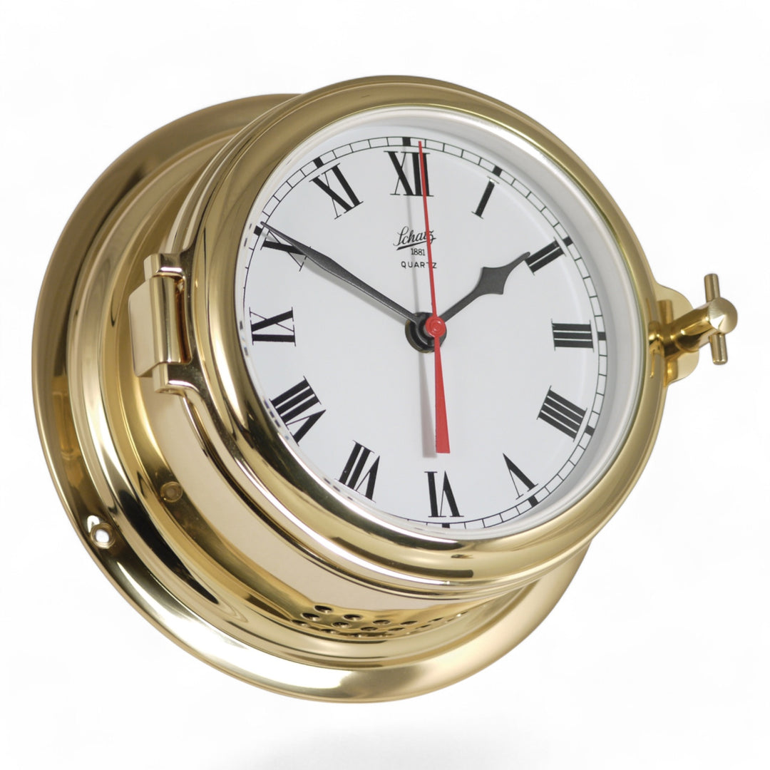 Schatz Midi scheepsklok 155 mm - 450C quartz, witte wijzerplaat, zwarte cijfers, messing
