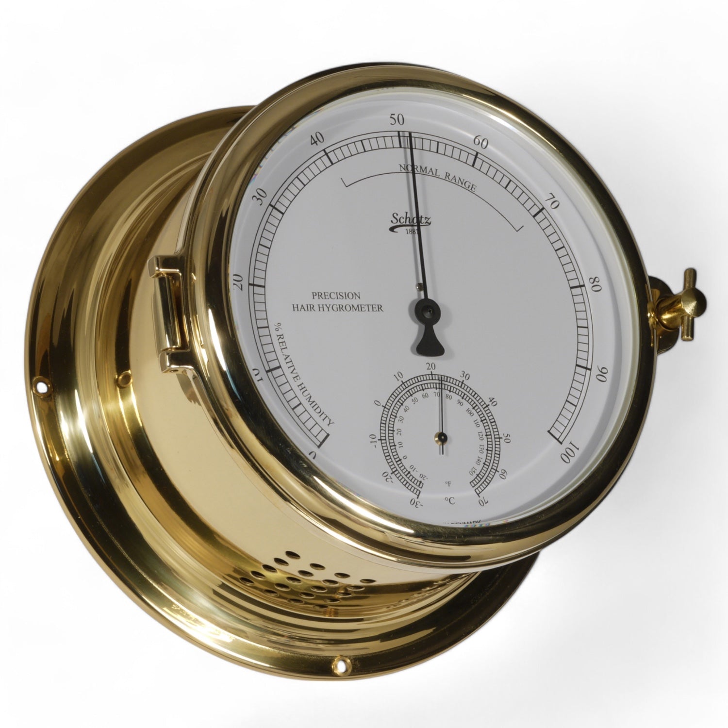 Schatz Royal haar-hygrometer 180 mm - stijlvolle luchtdrukmeter 480HT met thermometer messing glanzend