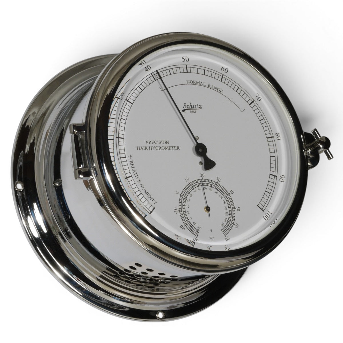 Schatz Royal precisie haar hygrometer met thermometer functie in chroom behuizing 483HT