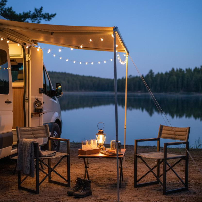 Sfeerfoto van een camper met een luifel opengeklapt met lampjes eraan met ARC square stoelen eronder en een gezellig glaswerk, teakrek en lampje brandend op een tafeltje gelegen aan een meer in de schemering van de avond 