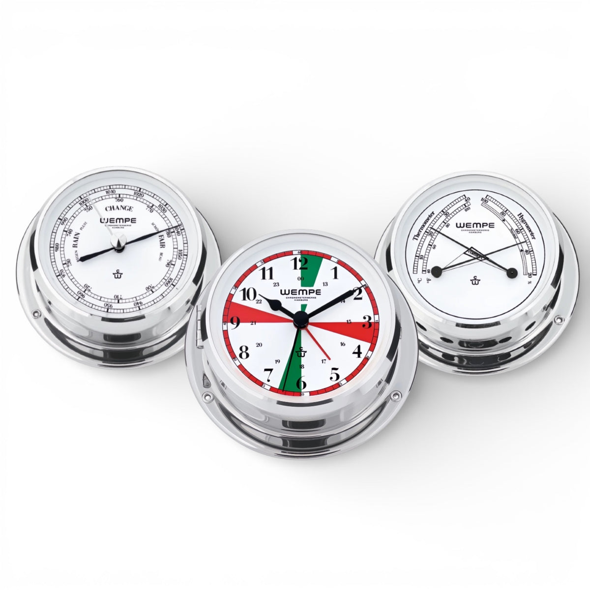 Wempe Skiff instrumentenset chroom – Radio Room scheepsklok + barometer + comfortmeter (110 mm)