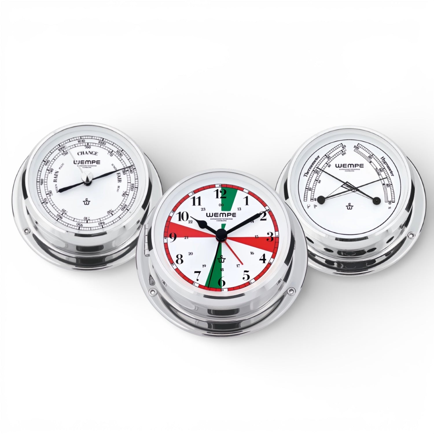 Wempe Skiff instrumentenset chroom – Radio Room scheepsklok + barometer + comfortmeter (110 mm)